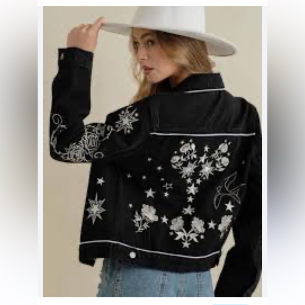 Black and White Embroidered Jean Jacket with Western Flair